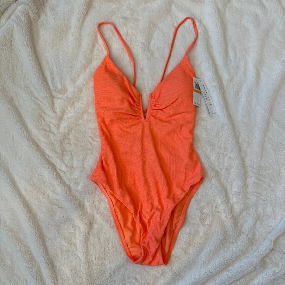 Women's S NWT Sanctuary Neon Orange Textured Stripe One Piece Swimsuit - Picture 2 of 7